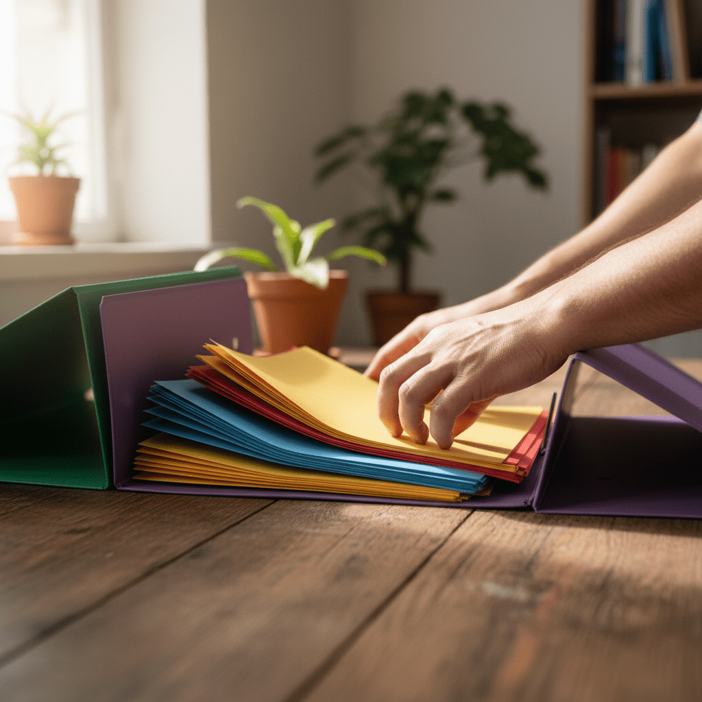 close-up-hands-sorting-colorful-paper-documents-organized-stacks-wooden-desk-data-organization